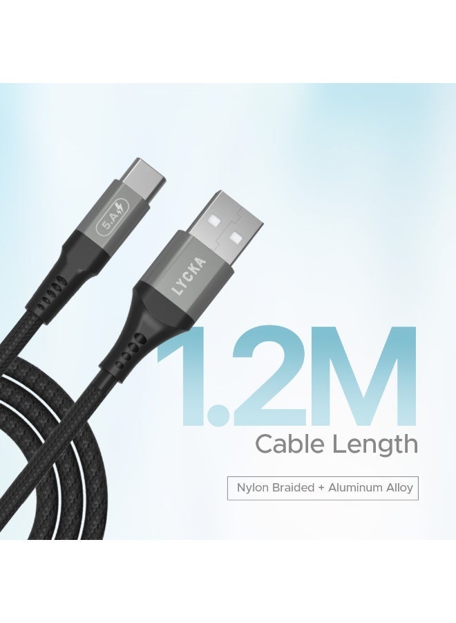 LYCKA F Cord Plus Type-C to Type-C Fast Charging & Data Sync Cable - 1.2 Meters, 100W Power Delivery, Durable Braided Design - Black - Image 2